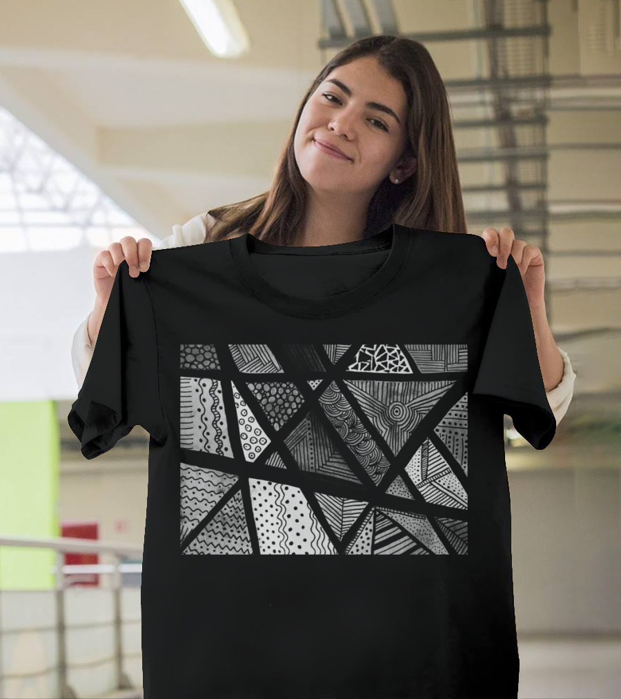 Geometric Doodle Pattern Black and White Triangular T-Shirt