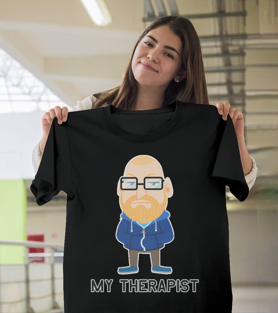 My Therapist Bald Cartoon Character Blue Hoodie Glasses T-Shirt