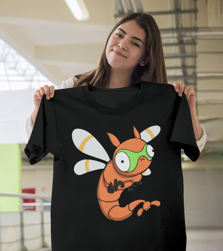 Derp Dragonflyr Cartoon Bug with Green Mask and Orange Wings T-Shirt