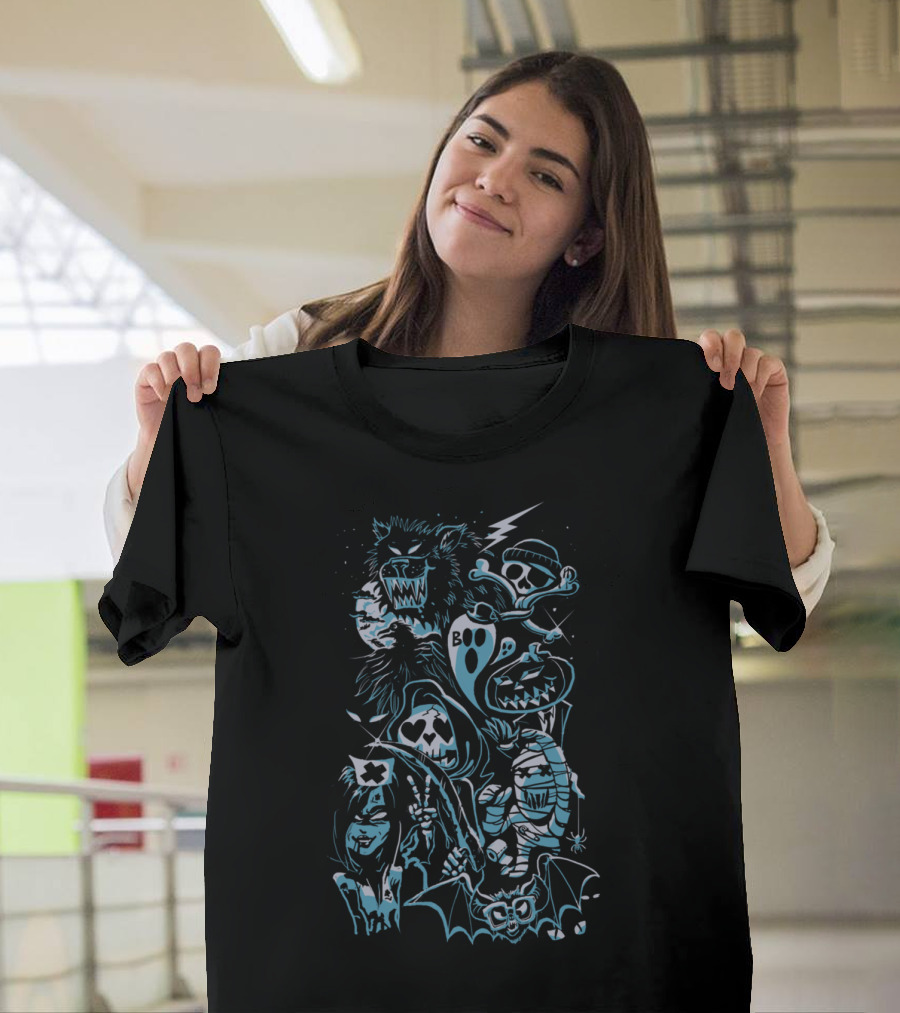 BOO Spooky Halloween Skull Ghost Pumpkin Mummy Vampire Bat Wolf T-Shirt