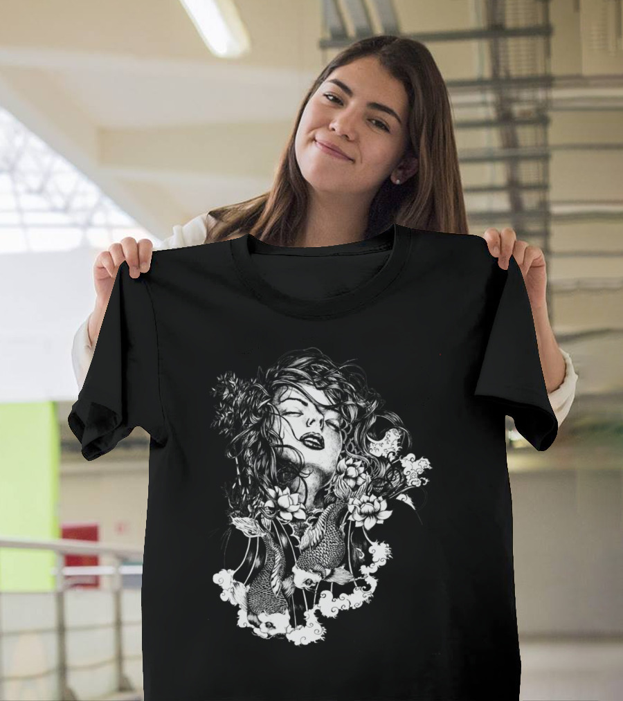 Flow T Artistic Koi Fish and Floral Woman T-Shirt
