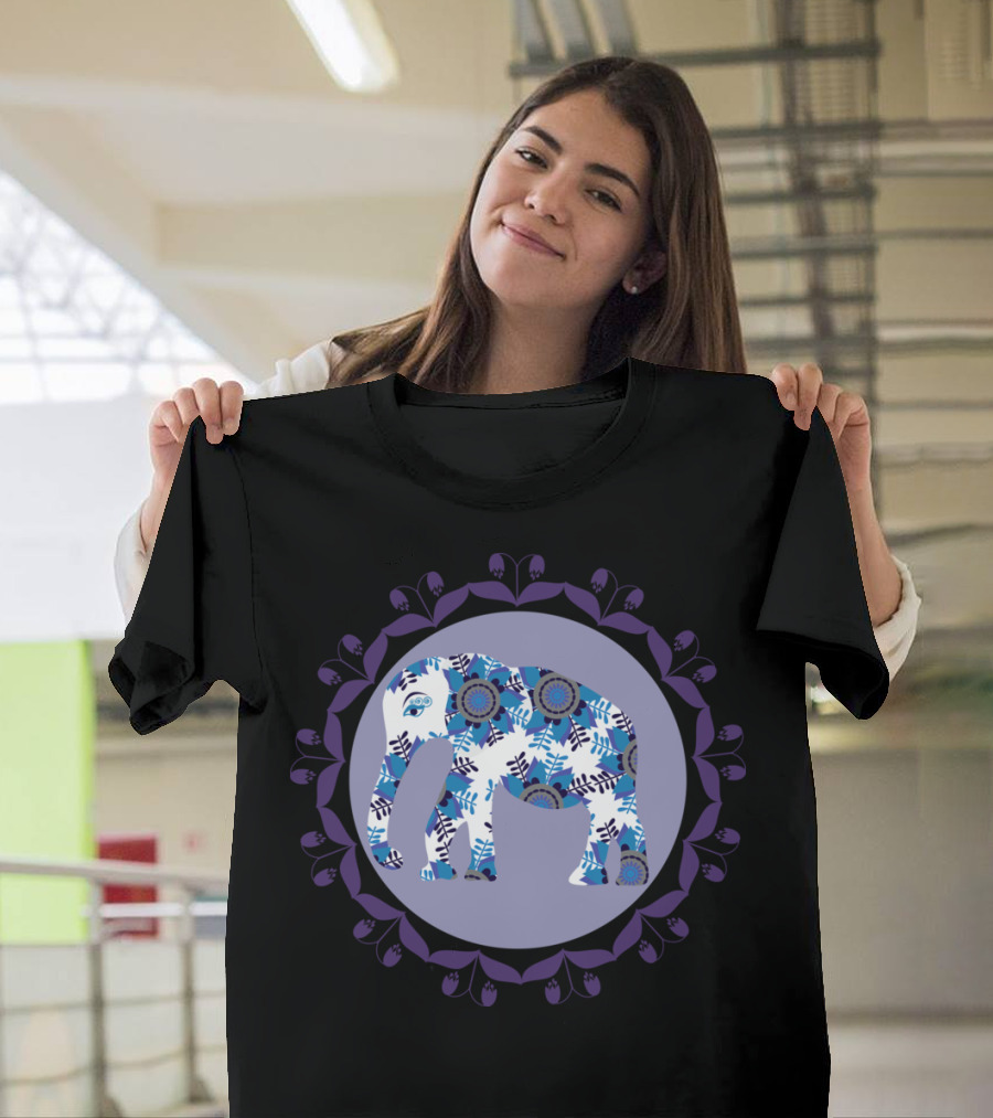 Elephant With Blue and White Pattern in Floral Circle T-Shirt