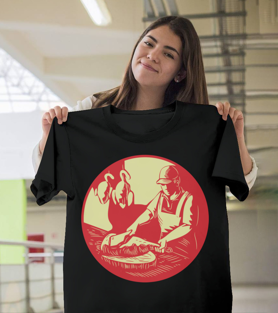 Chinese Cook Chop Meat Oval Circle Wood Butcher Scene T-Shirt