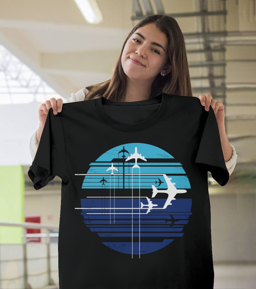 Geometric Airplanes in Striped Circular Sky T-Shirt