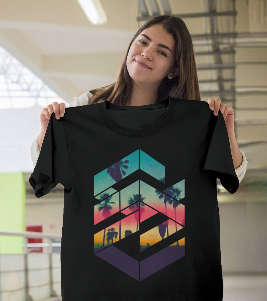 Geometric Palm Trees and Silhouettes in Vibrant Sunset Beach Scene T-Shirt