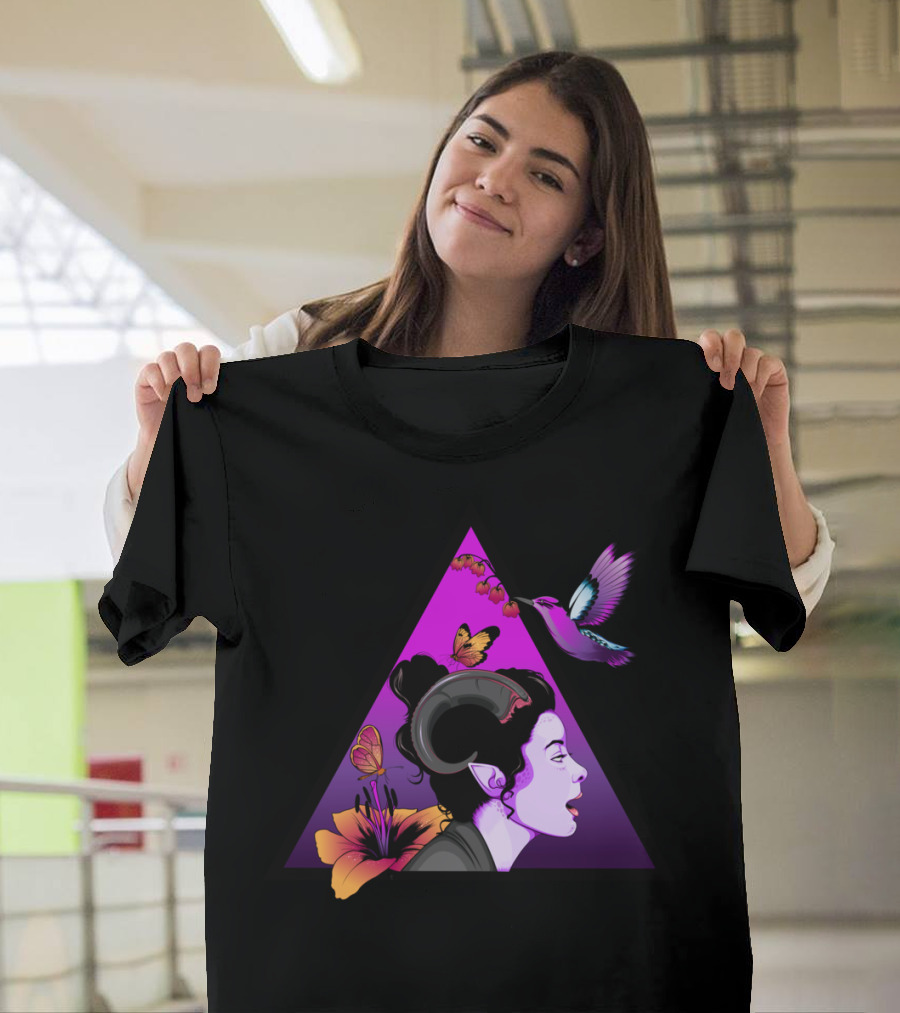 Satyr T Purple Hummingbird Butterfly Triangle Floral T-Shirt