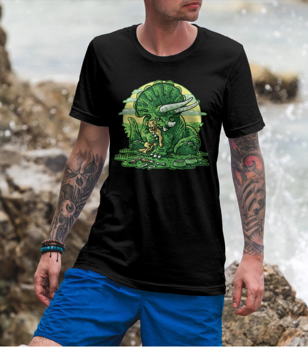 Triceratops Dinosaur Hugging Pet Dog With Bones And Bowls On Green Grass T-Shirt