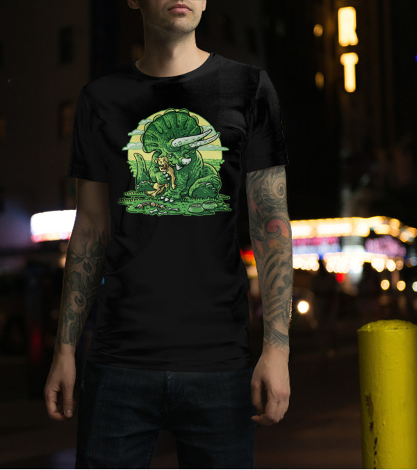 Triceratops Dinosaur Hugging Pet Dog With Bones And Bowls On Green Grass T-Shirt