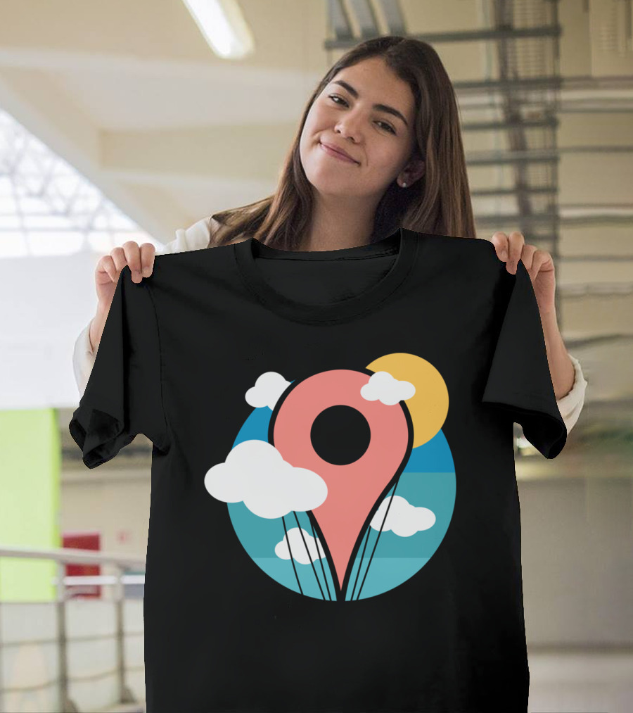 Nerdy Scenic Map Pin Hot Air Balloon Graphic with Clouds and Sun T-Shirt