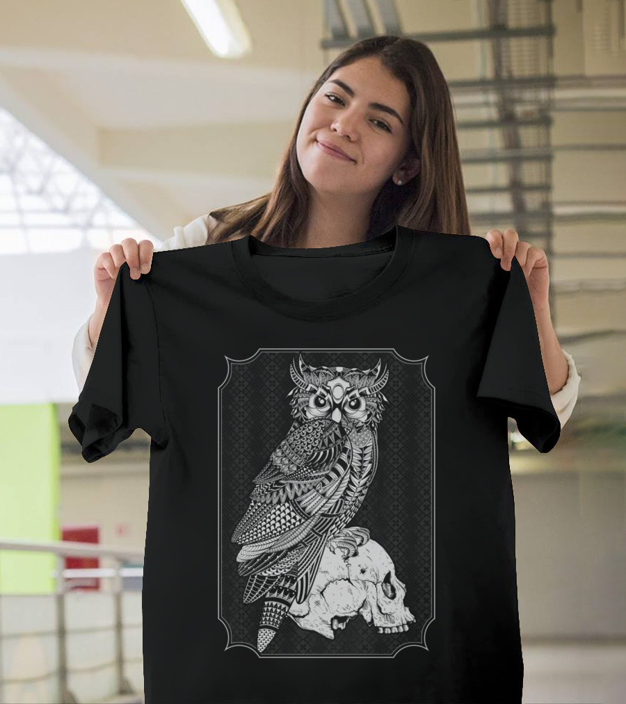 Tristan T Owl on Skull Intricate T-Shirt