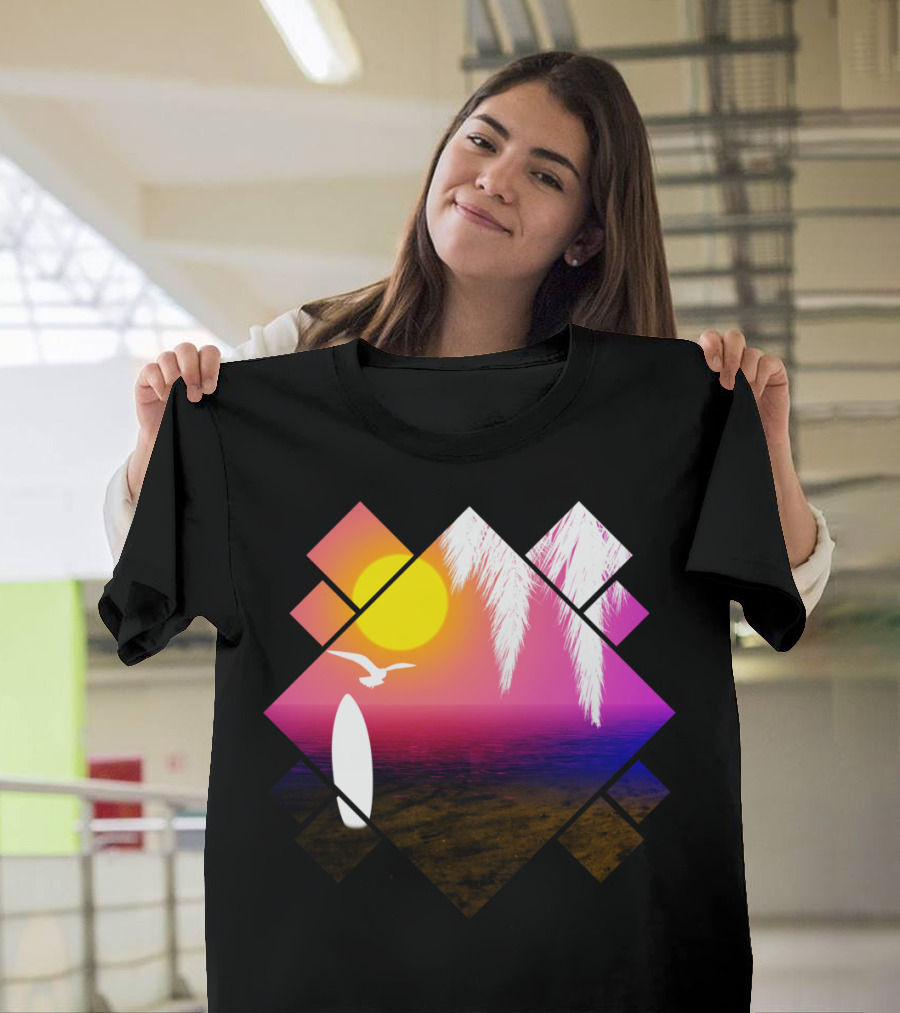 Tropical Sun, Palm Silhouette, and Surfboard Sunset Scene T-Shirt
