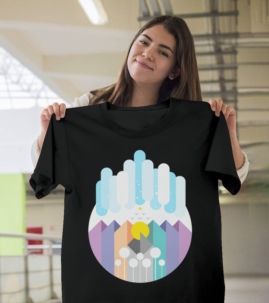 Geomy Geometric Landscape with Pastel Mountains and Abstract Sky Elements T-Shirt