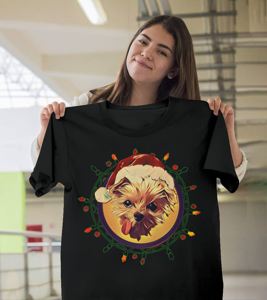 Christmas Dog in Santa Hat with Holiday Lights Border T-Shirt
