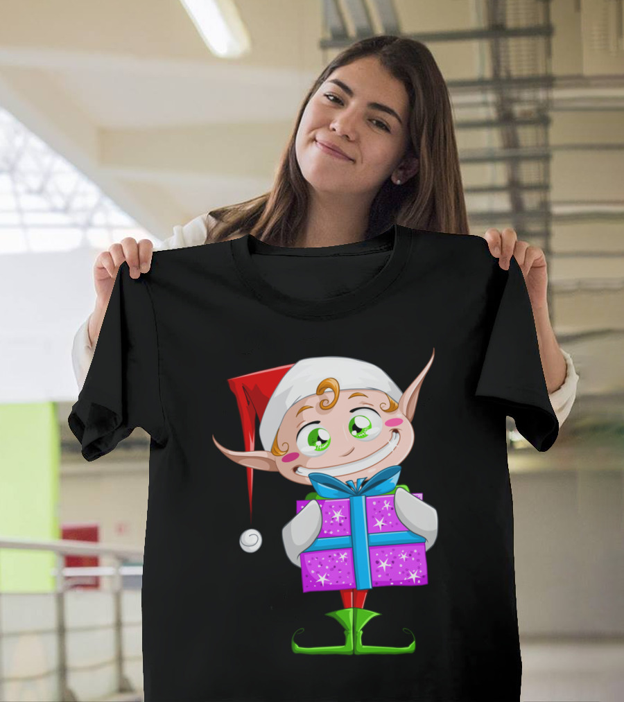 Christmas Elf with Red Hat Green Shoes and Sparkling Gift T-Shirt