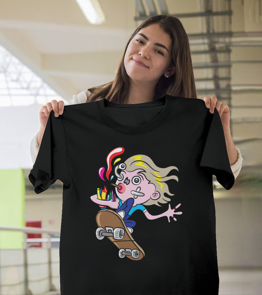 Boy Cartoon Skater M Enthusiastically Riding Skateboard with Art Supplies T-Shirt