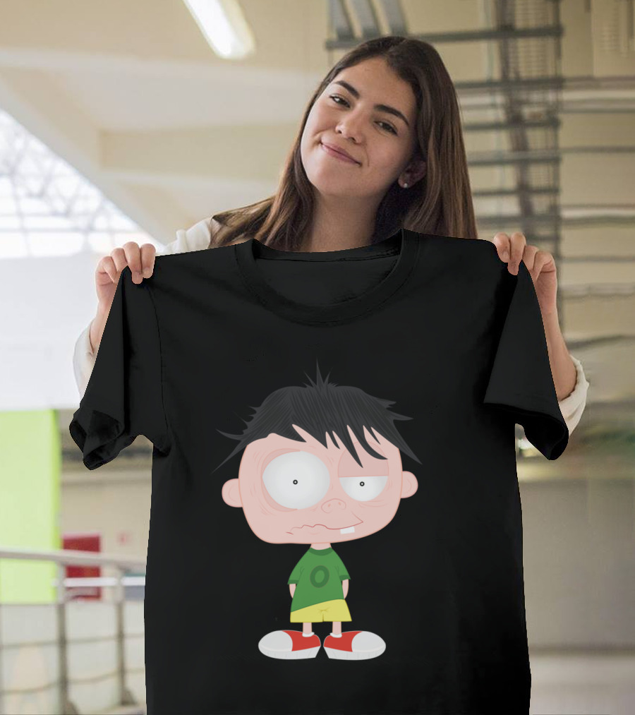 Boy in Green Shirt with Cartoon Style and Big Eyes T-Shirt
