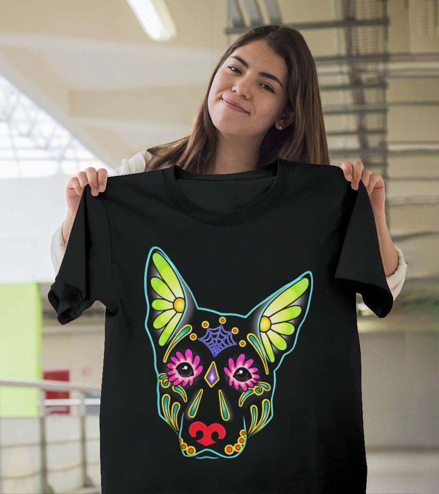 German Shepherd in Black Day of the Dead Sugar Skull T-Shirt