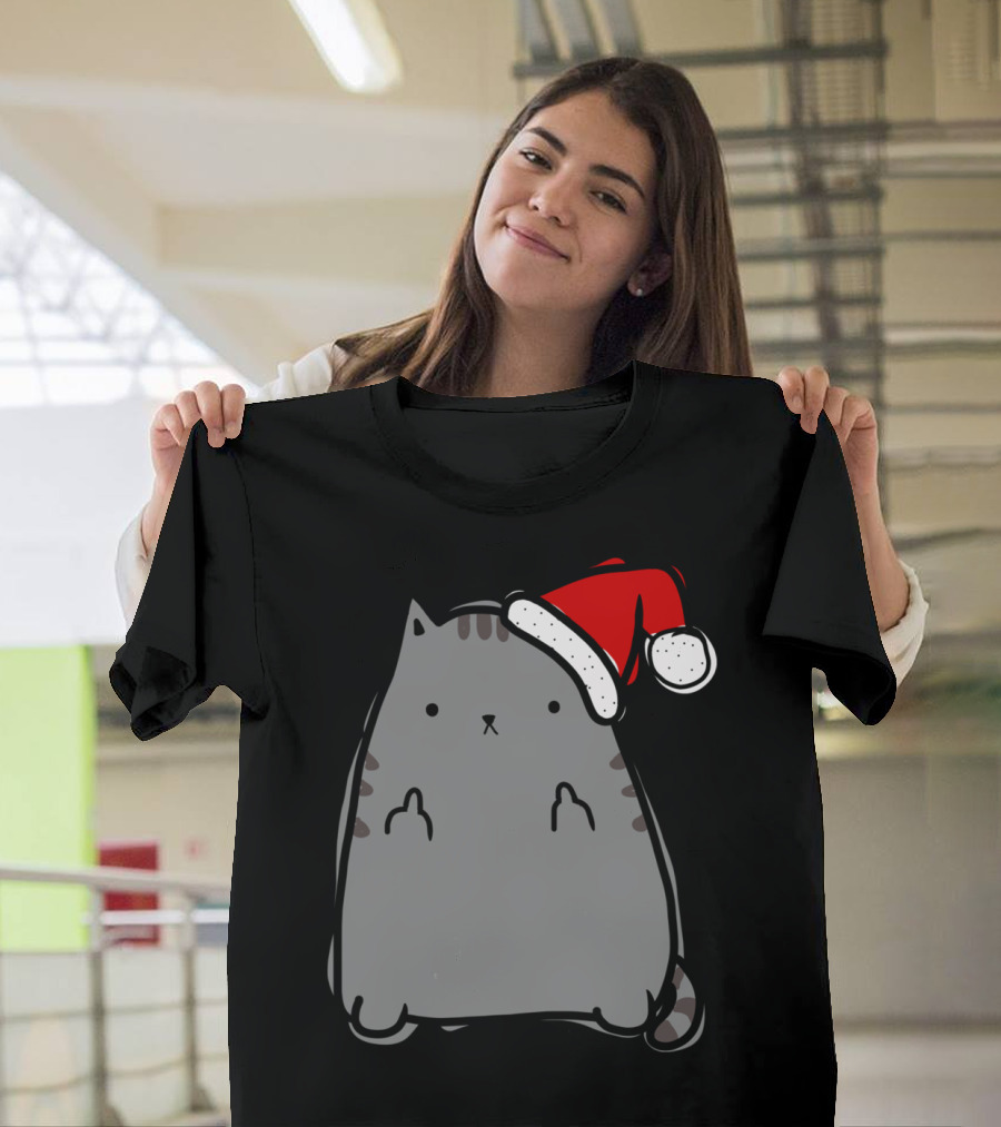 Christmas Kitty Santa Hat Middle Fingers T-Shirt