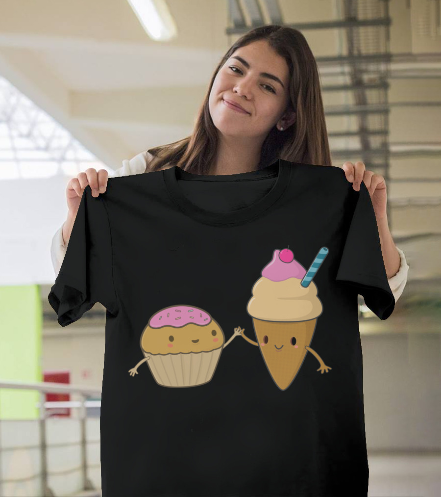 Cute Happy Cupcake and Ice Cream Cone Friends with Pink Frosting and Cherry T-Shirt