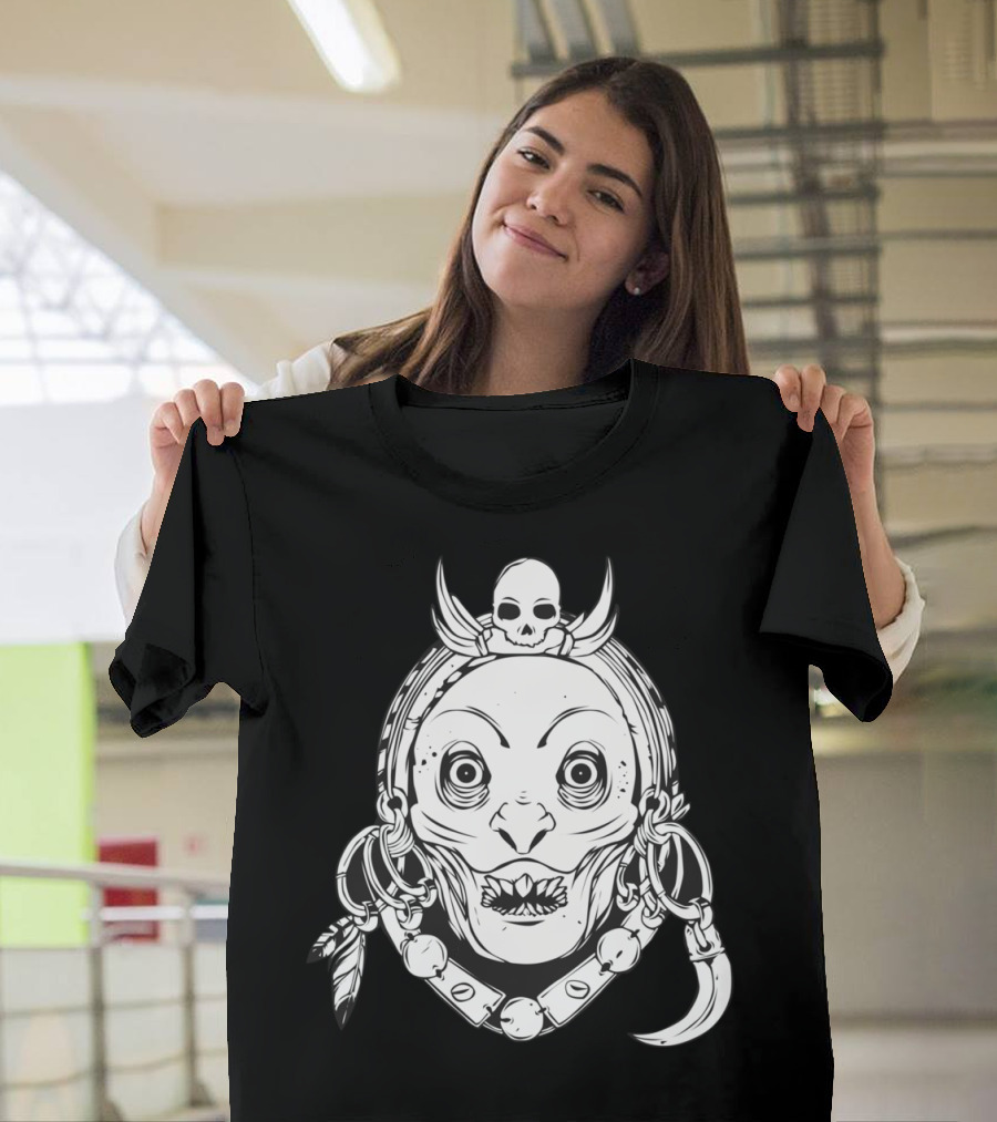 Nikatara Tribal Skull Mask with Bone and Feather Details T-Shirt