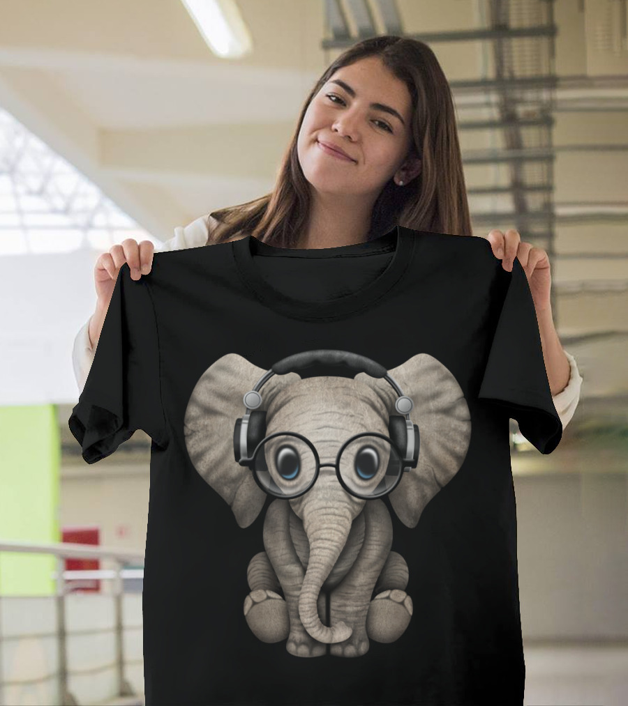 Cute Baby Elephant DJ Wearing Headphones and Glasses T-Shirt