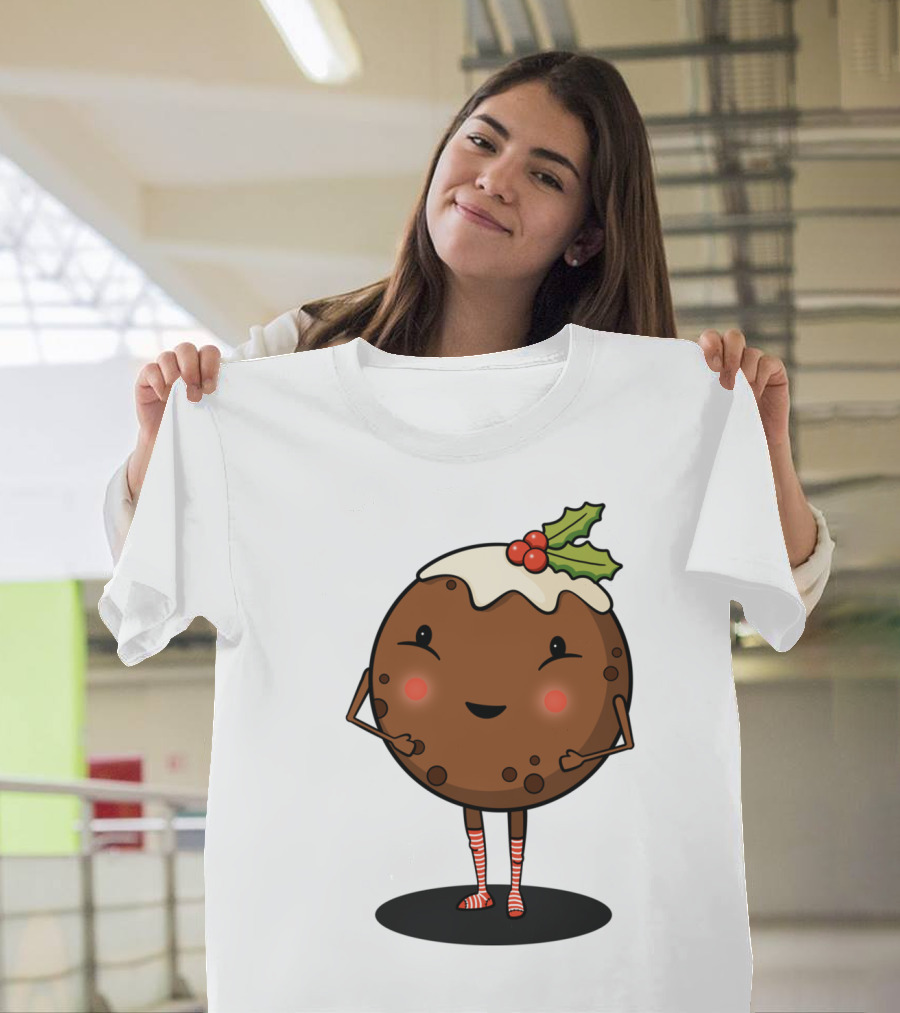 Just Pudding It Out There Festive Christmas Dessert Character with Holly and Candy Cane Stripes T-Shirt