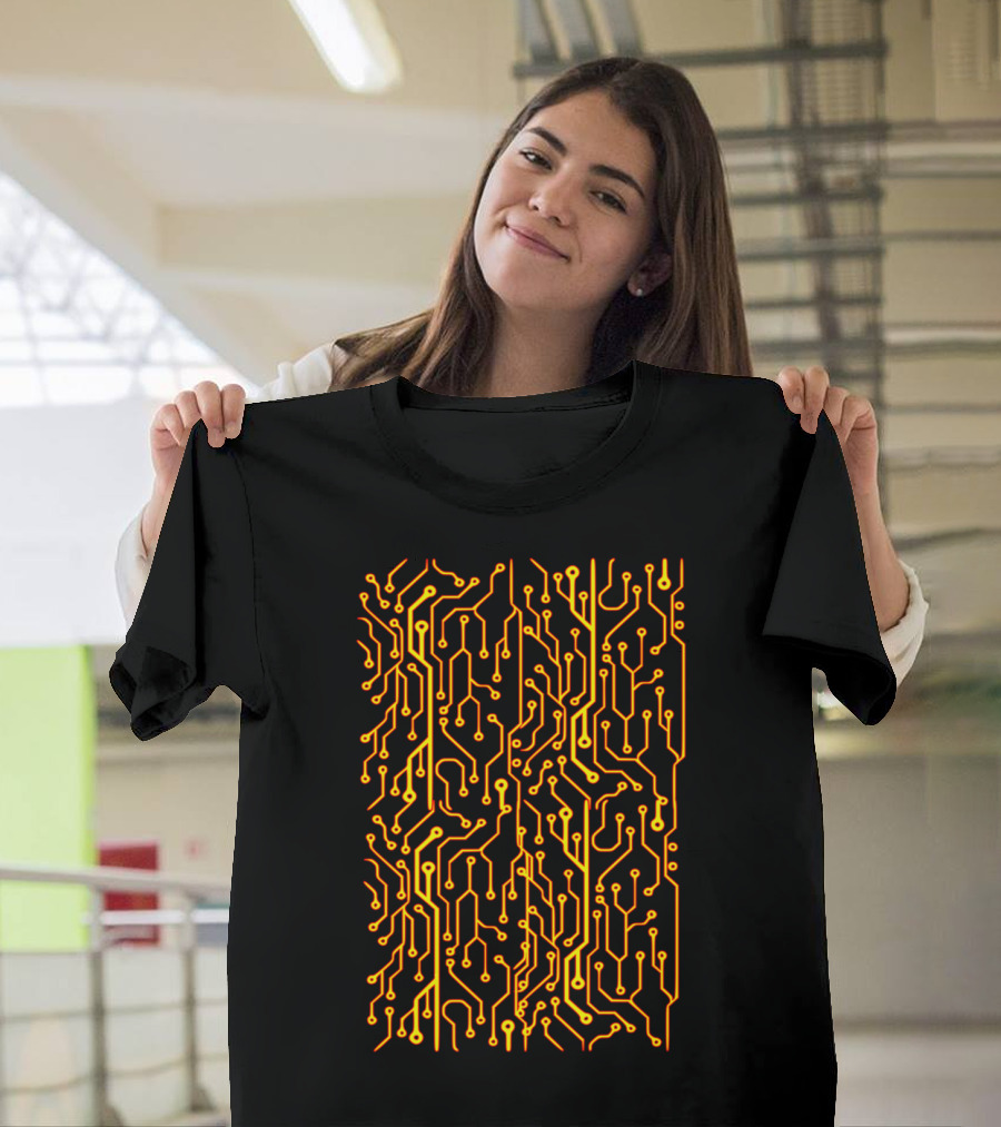 Circuit Board Pattern Yellow and Black T-Shirt