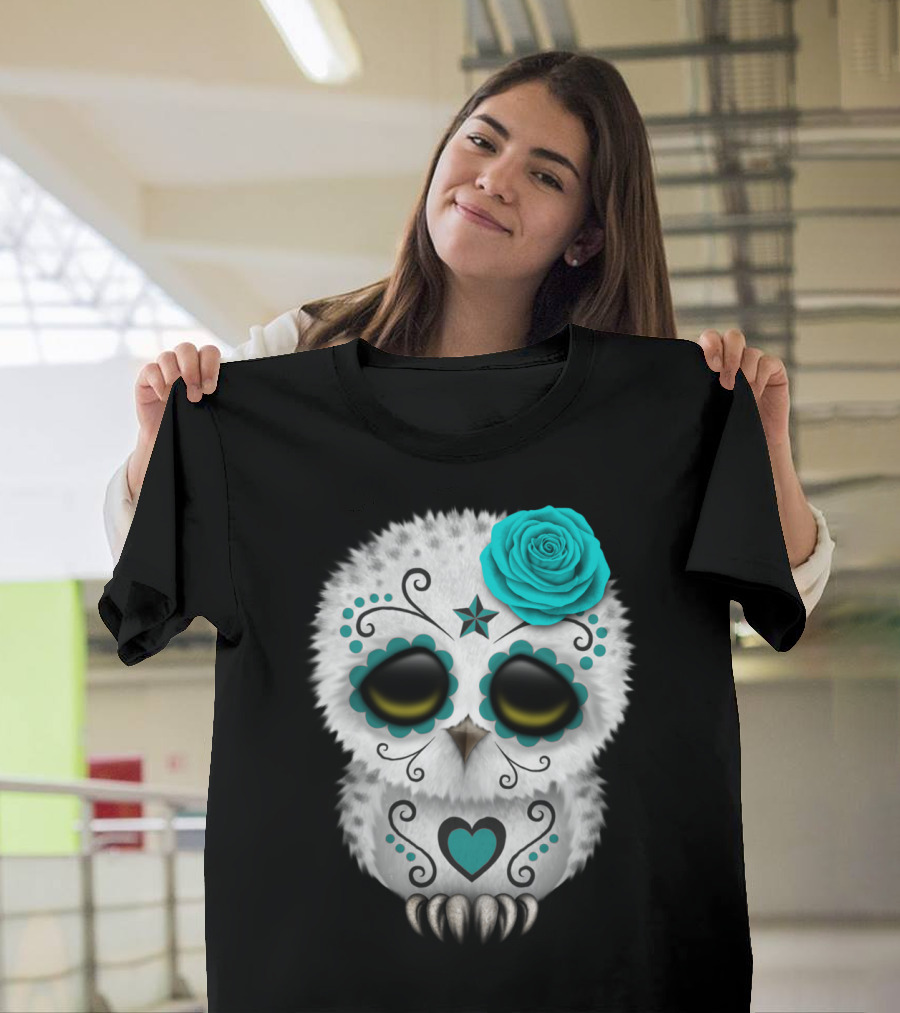 Cute Blue Day Of The Dead Sugar Skull Owl with Floral Rose and Heart Motif T-Shirt