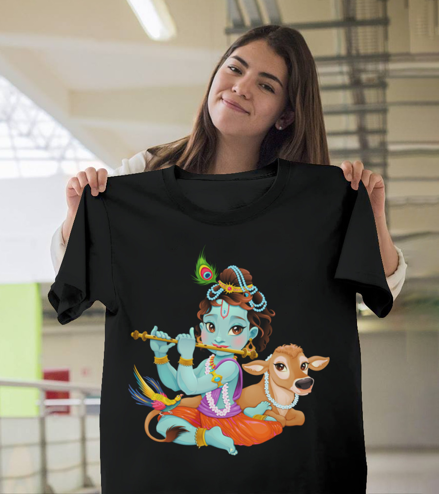 Baby Krishna with Sacred Cow Flute and Peacock Feather T-Shirt