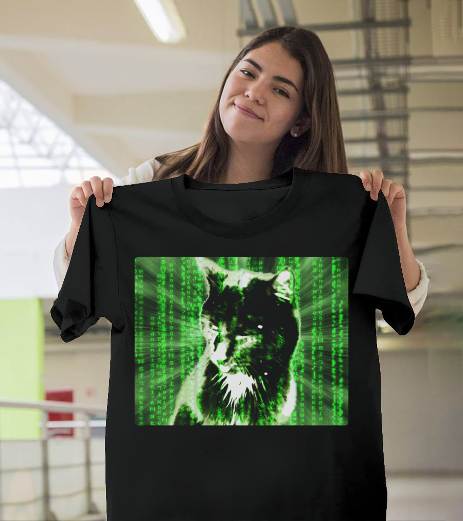 Digital Black Cat Matrix Code Green Effect T-Shirt