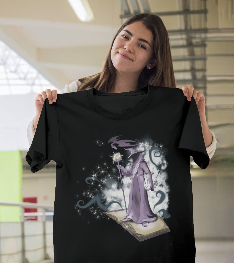 A Little Wizardry Magic Wizard on Enchanted Book with Staff and Dragon T-Shirt