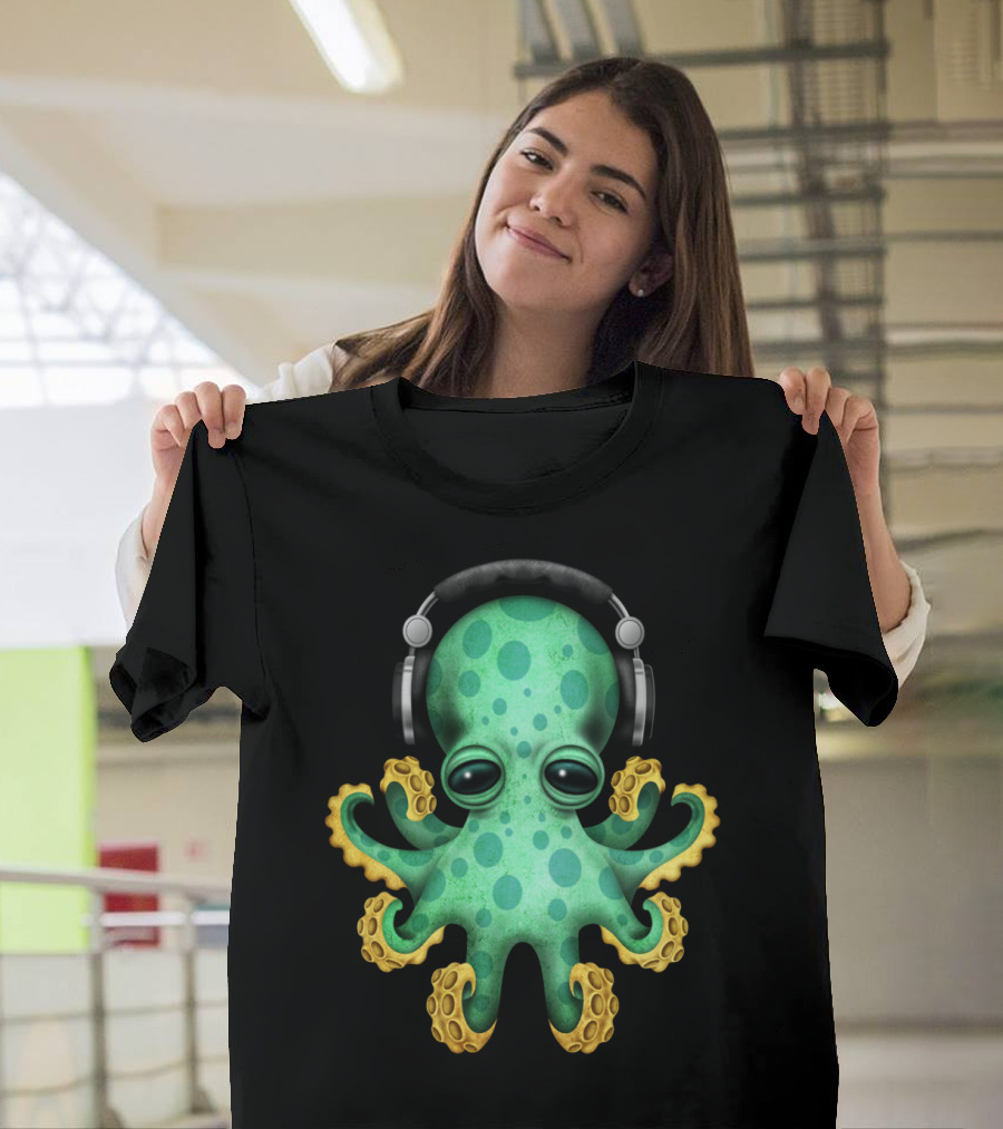 Baby Octopus DJ Wearing Headphones with Green and Yellow Tentacles T-Shirt