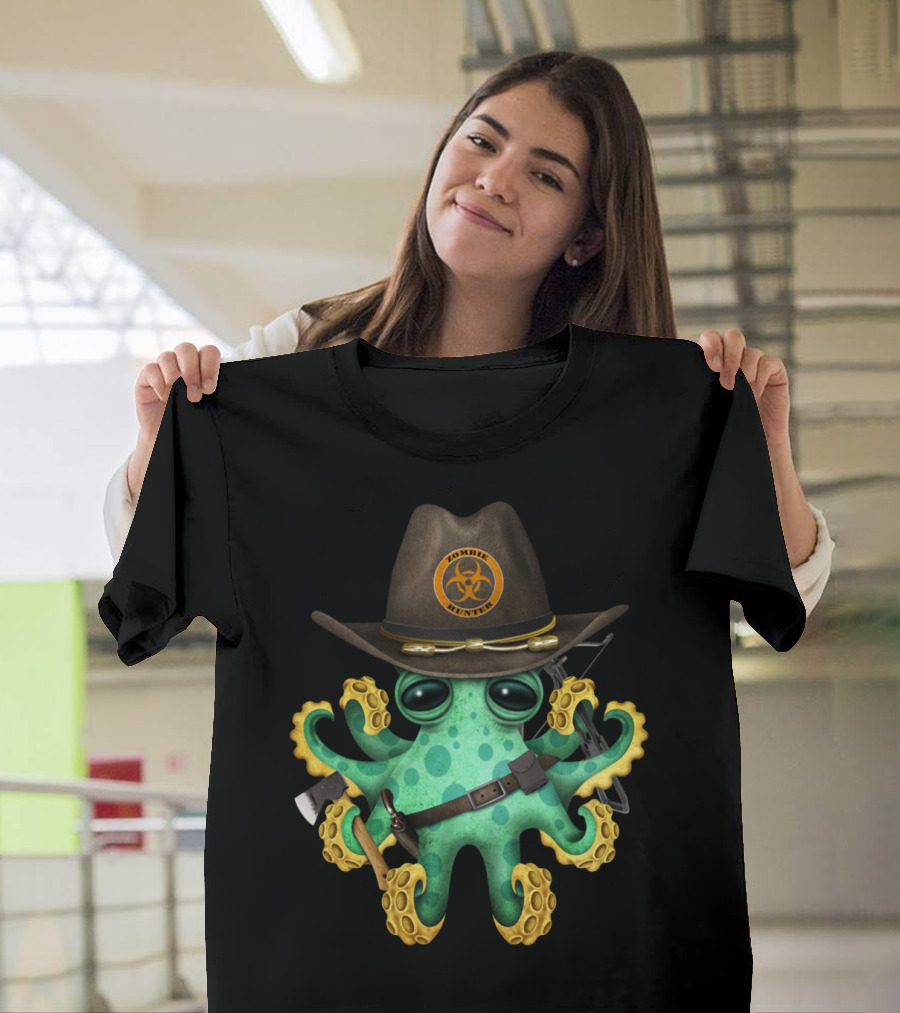 Baby Octopus Zombie Hunter Biohazard Hat and Weapons T-Shirt