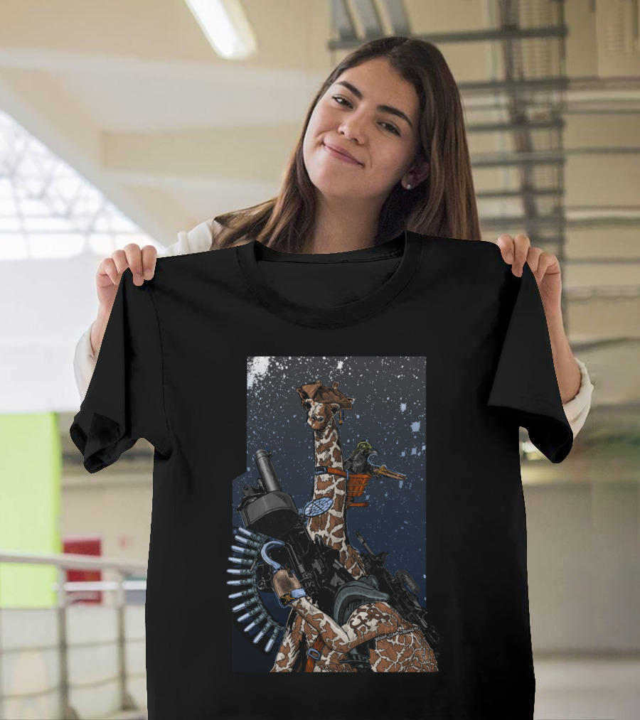 Giraffe Space Pirate Bri with Weapons and Parrot in Galactic Battle Scene T-Shirt