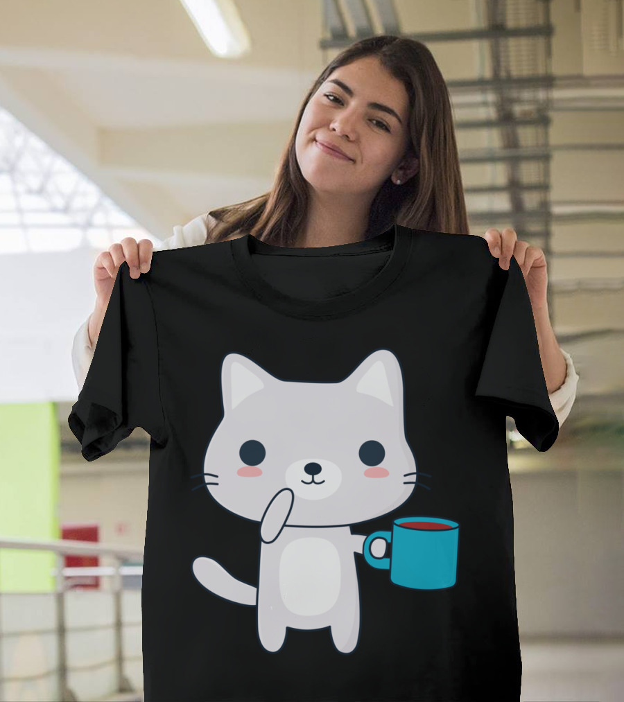 Cute Coffee Cat Holding Blue Mug T-Shirt
