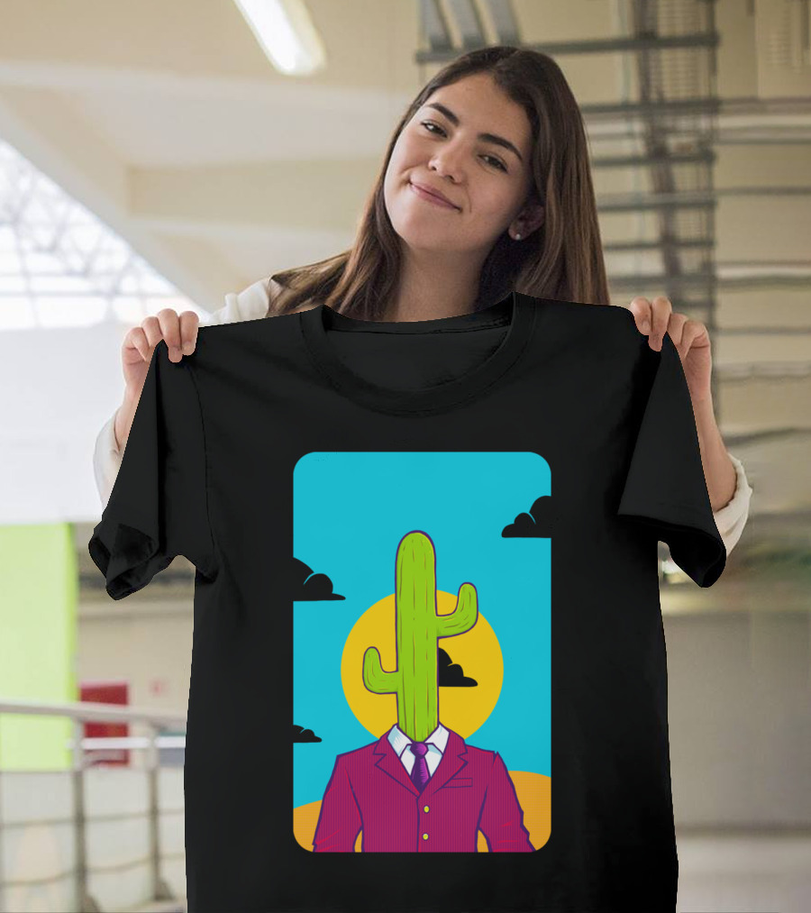 Sharp Dressed Cactus Man in Suit with Sun and Sky Background T-Shirt