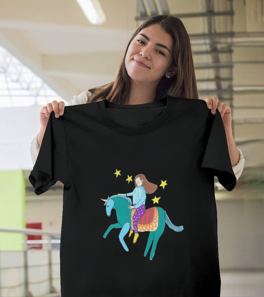 Girl Riding A Unicorn with Stars T-Shirt