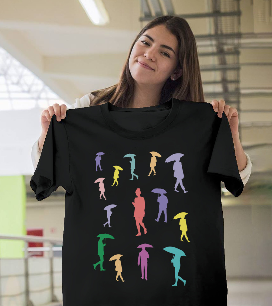 Girl With A Smartphone In The Rain Silhouettes with Umbrellas in Colorful Arrangement T-Shirt