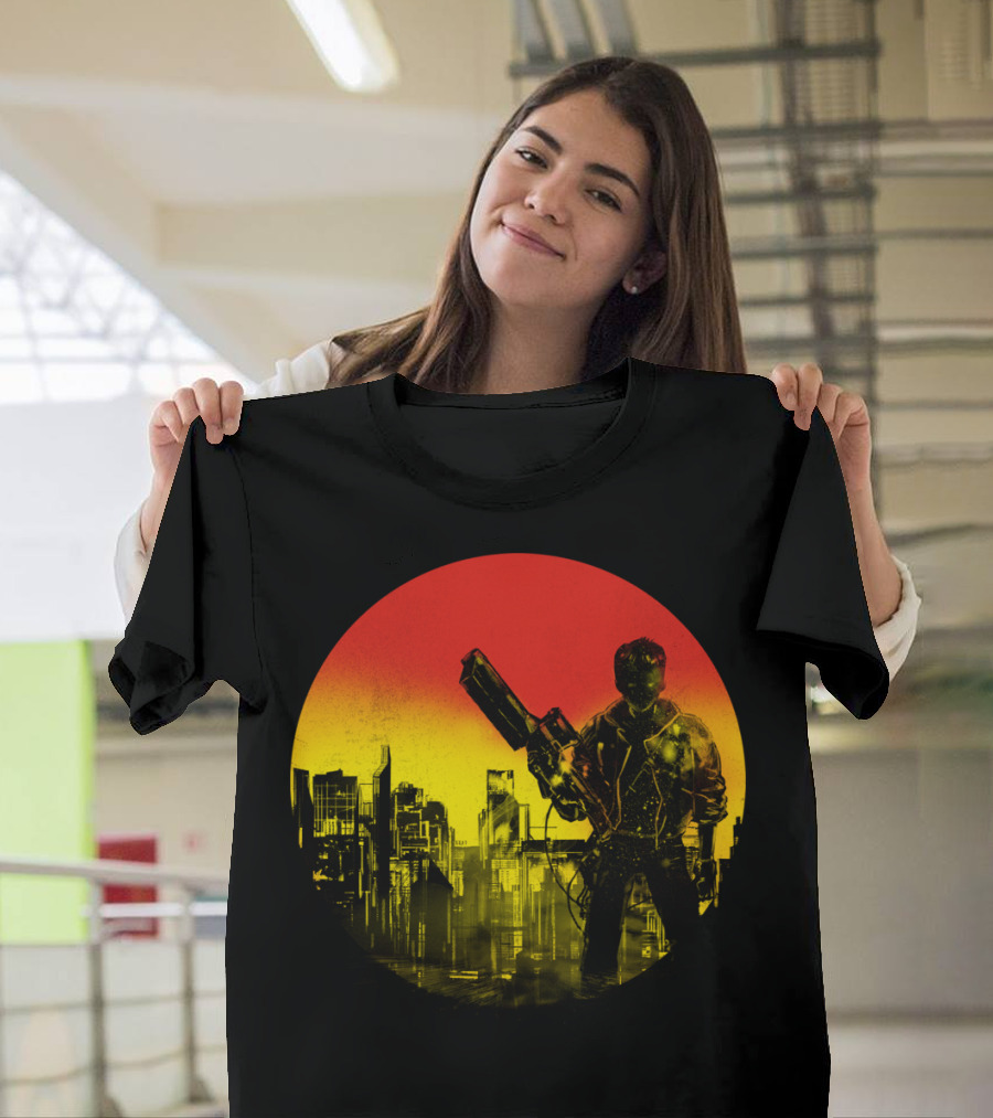 Bad Education T Cyberpunk Cityscape with Neon Soldier T-Shirt