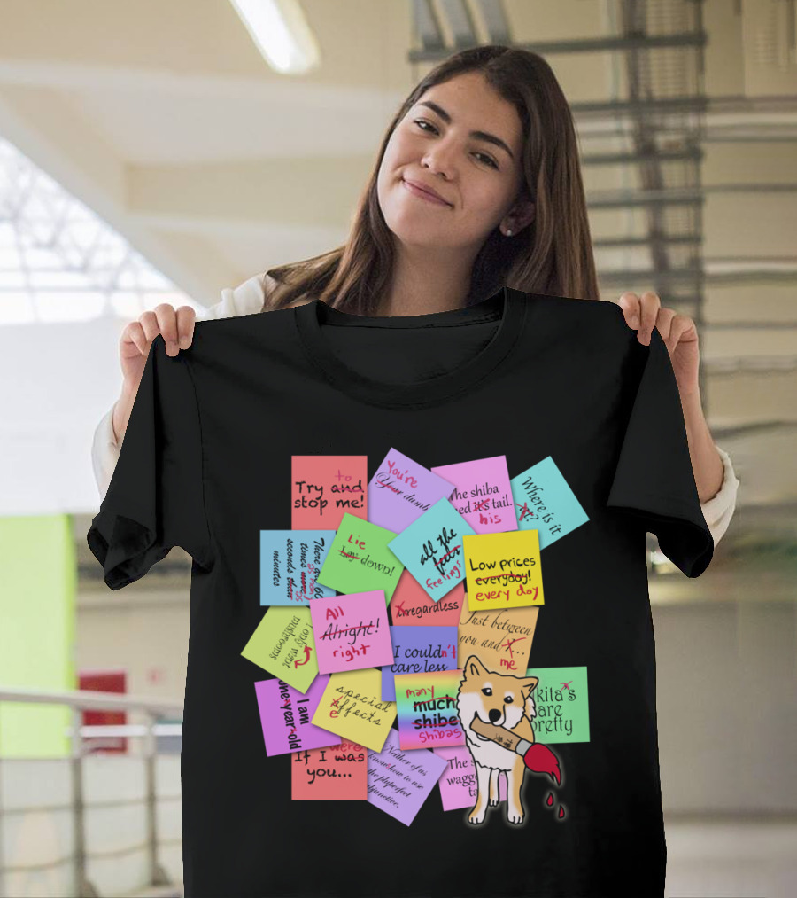 Shiba Takes Back Grammar with Sticky Note Corrections T-Shirt
