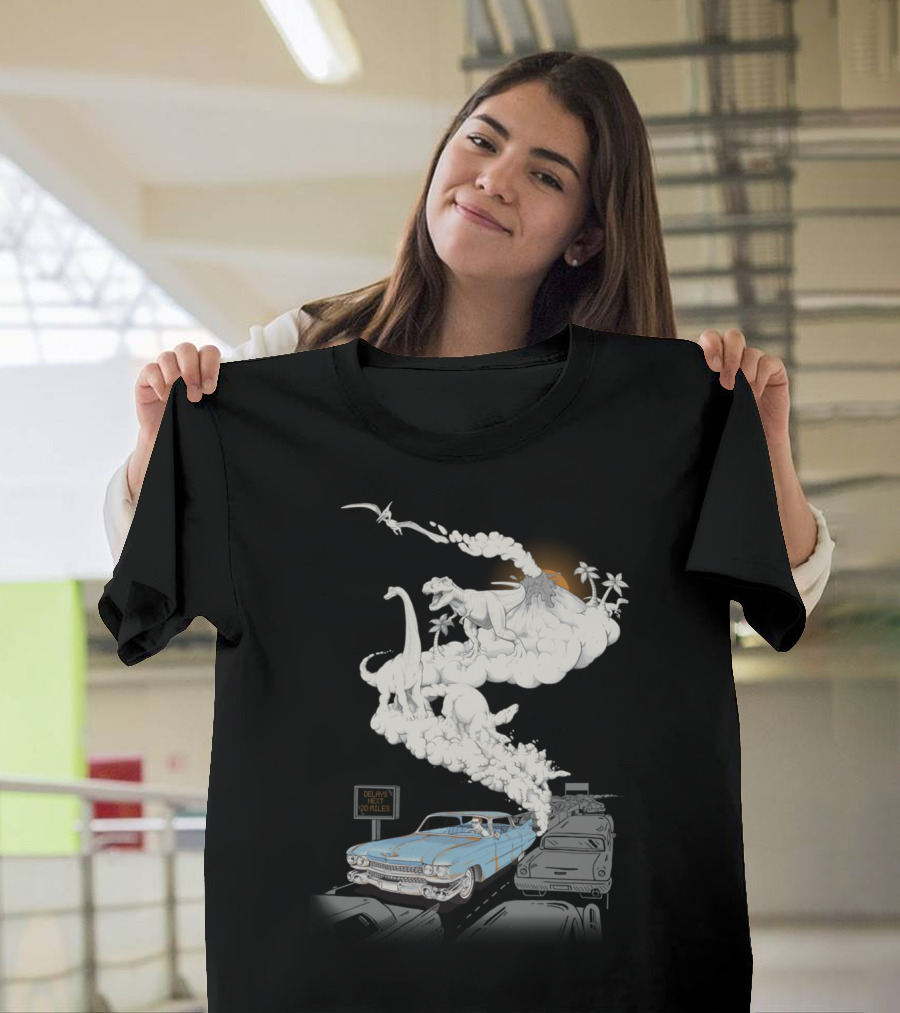 Dinosaurs Erupt from Vintage Car Exhaust in Traffic Jam with Delays Ahead Sign T-Shirt