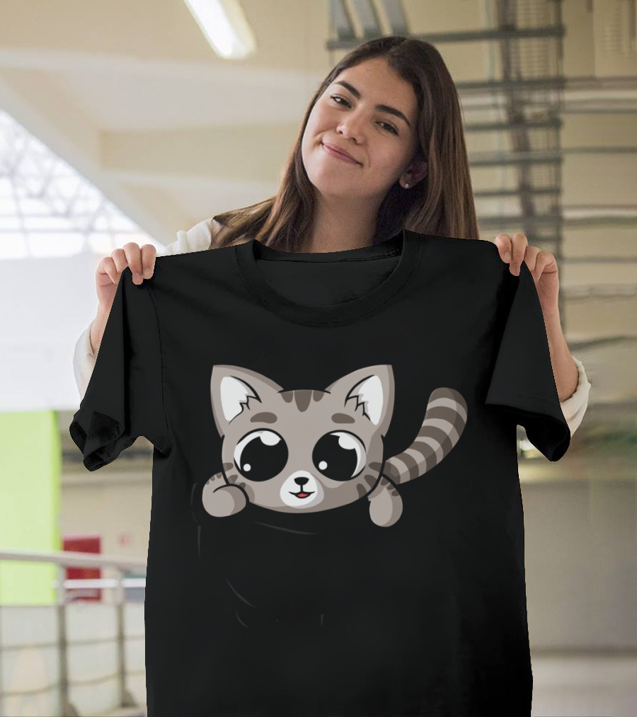 Cute Gray Pocket Cat with Big Eyes and Striped Tail T-Shirt