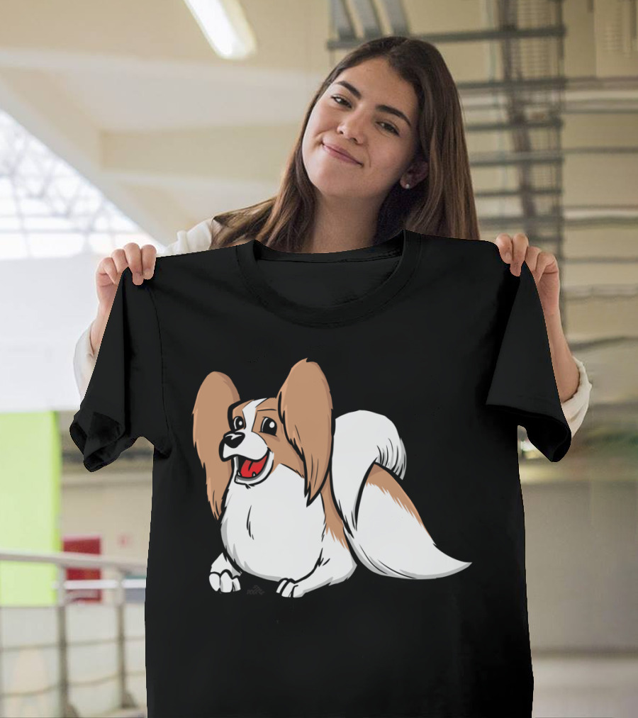 Cute Papillon Cartoon Dog Smiling Playfully T-Shirt