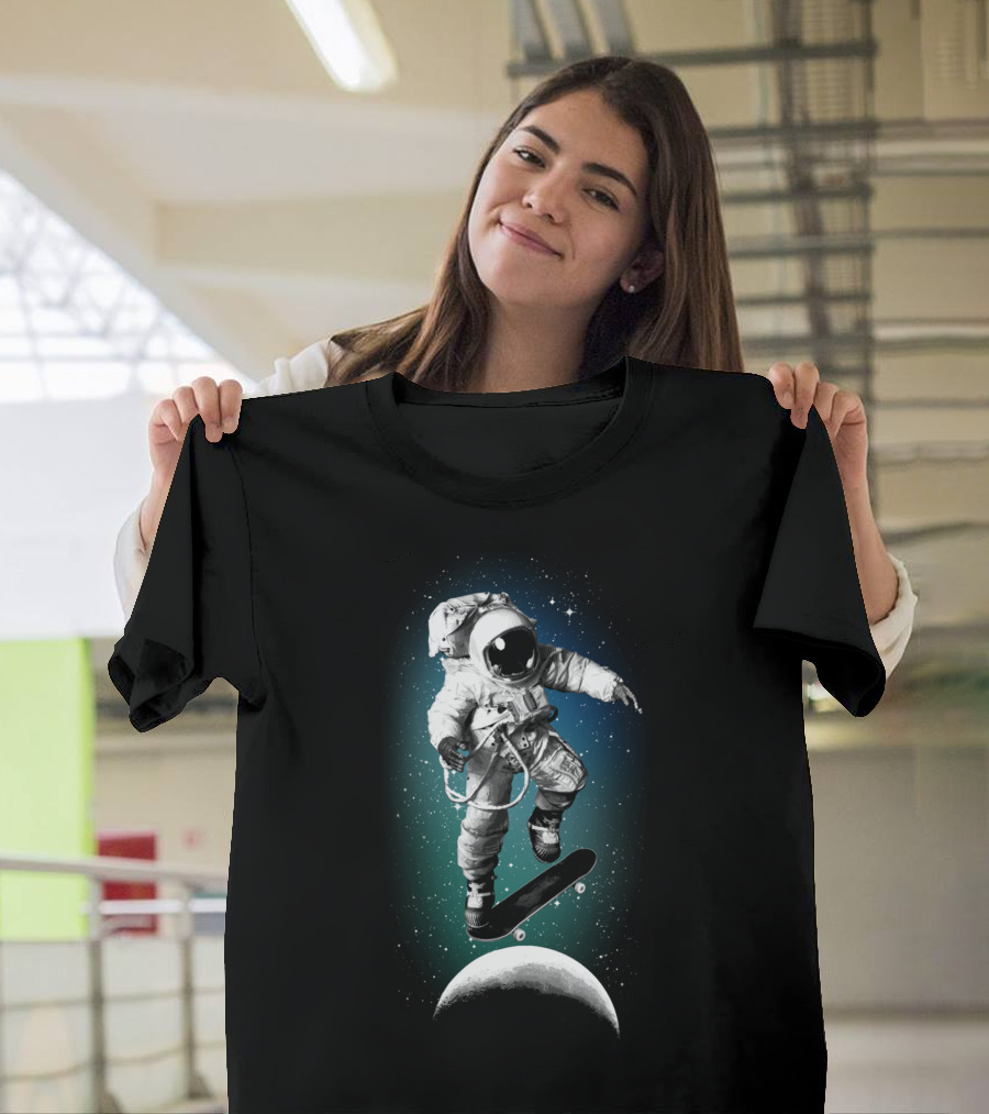 Skateboarding Astronaut in Space Over Moon T-Shirt