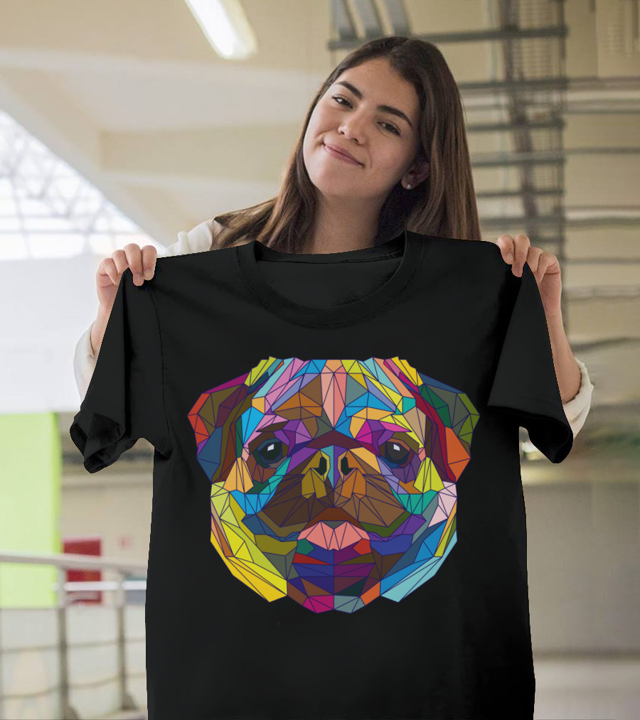 Fragile Pug Geometric Art Multicolor Face T-Shirt