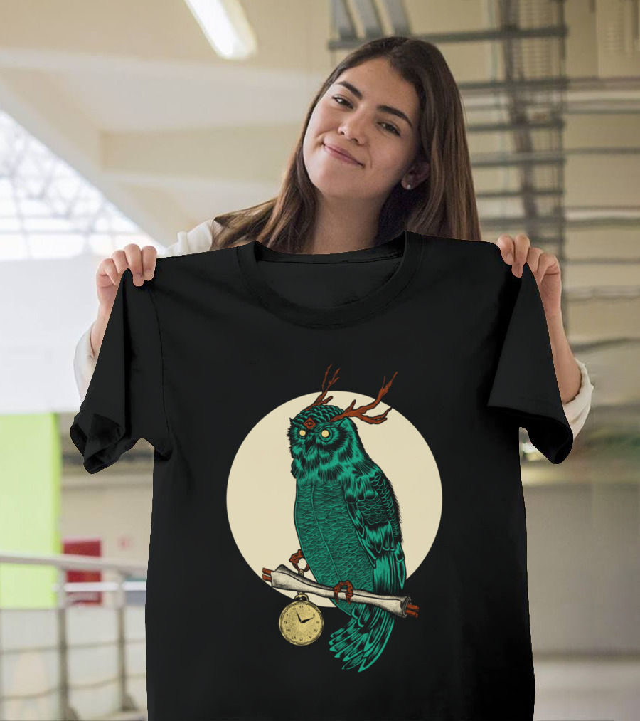 Essentric Owl with Antlers and Pocket Watch Perched on Scroll T-Shirt