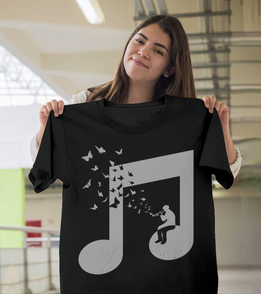 Bugle Music Note with Butterflies and Trumpet Player T-Shirt