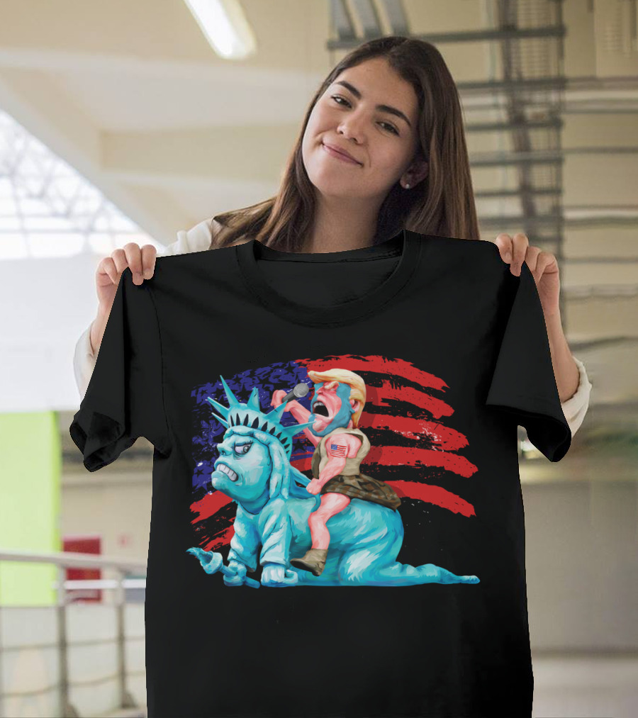Liberty Is In My Control with Trump Riding Statue of Liberty Against American Flag Background T-Shirt