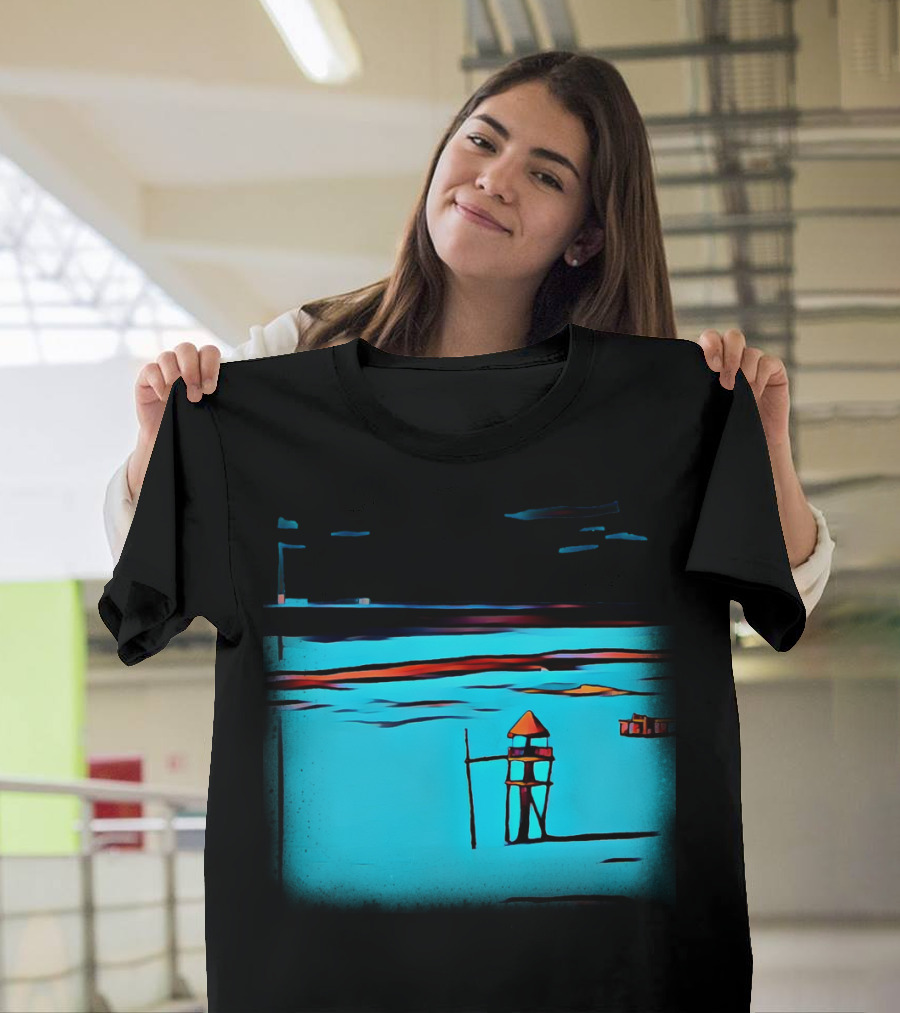Bay Tower Coastal Sunset Scene with Lifeguard Station T-Shirt