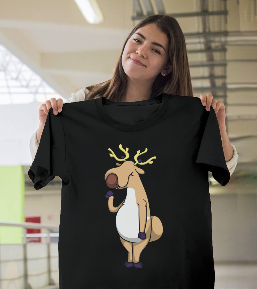 Coconut Nosed Deer Cartoon Character with Antlers and Gloves T-Shirt
